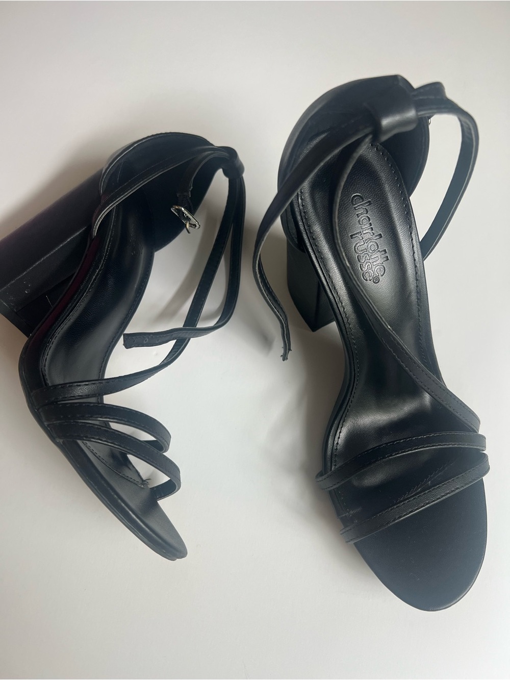 Charlotte Russe Black Strappy Block Heel Sandals with Ankle Tie